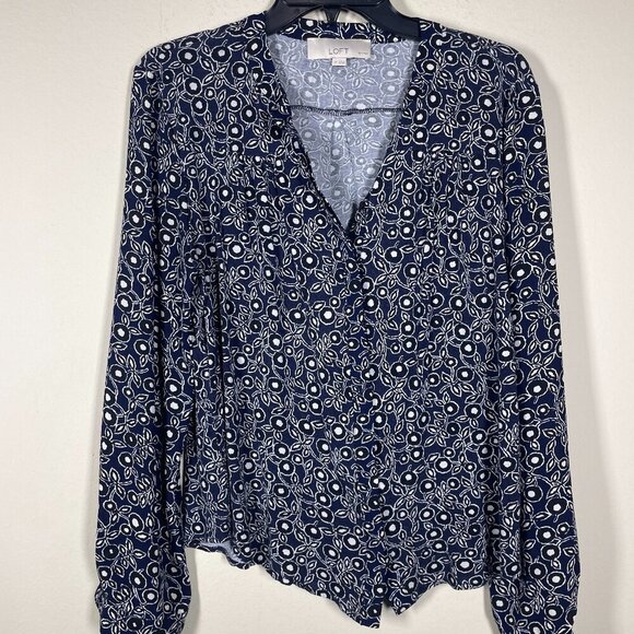 AnnTaylor Loft Women's LS Navy White Floral Print Blouse LP Lightweight! - Picture 1 of 5